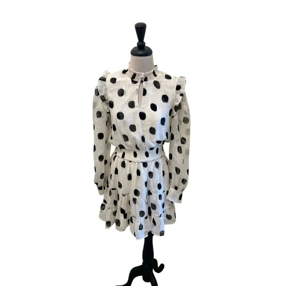 Habit Long Sleeve Polka Dot Smocked Waist Tiered Mini Dress White Black Medium
